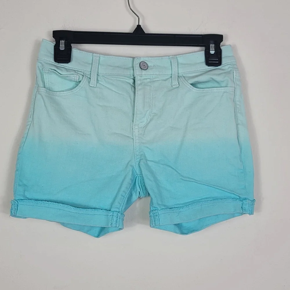 Old Navy Ombre Denim Shorts Girls Sz 14 Mint Green Aqua Blue Cuffed Summer Boho
